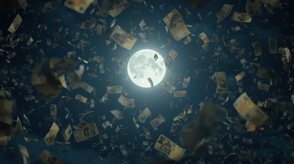 映画『紙の月』レビュー記事のアイキャッチ画像。満月の周りを蝶のように舞う日本のお札。
