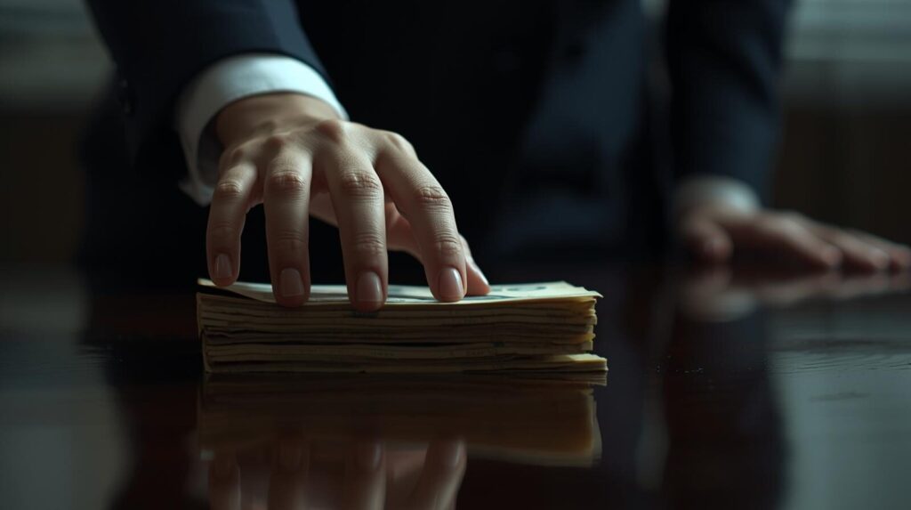 映画『紙の月』の作品情報。銀行の机に置かれた札束にそっと手を伸ばす女性の手元。
