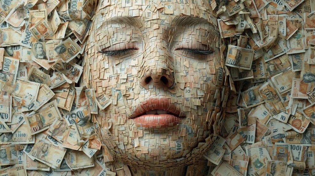 映画『紙の月』主人公の心理描写。無数のお札のコラージュで作られた、恍惚とした表情の女性の顔。
