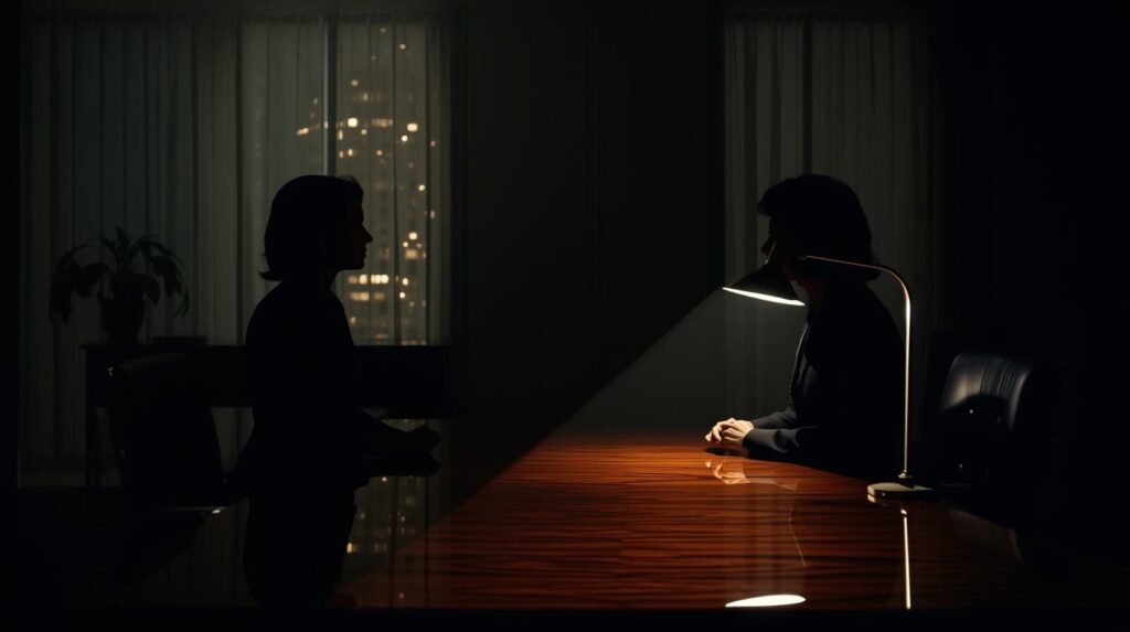 映画『紙の月』のキャスト競演。暗いオフィスでデスクを挟み、対峙する二人の女性のシルエット。
