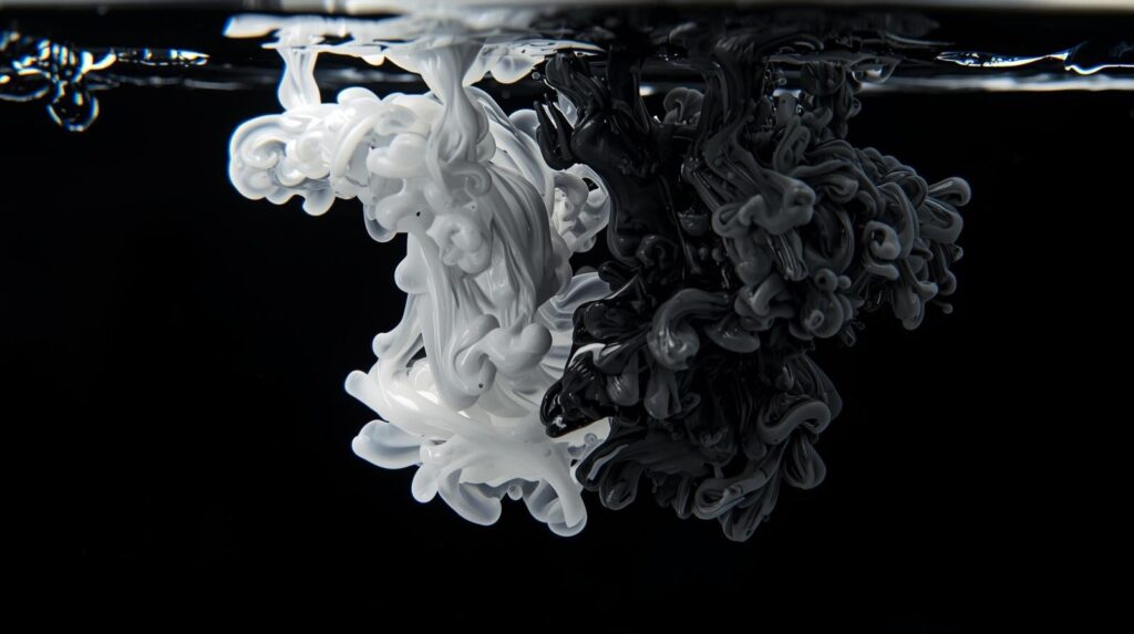 映画『紙の月』が問いかける善悪の境界。水の中で白と黒のインクが混ざり合う様子。
