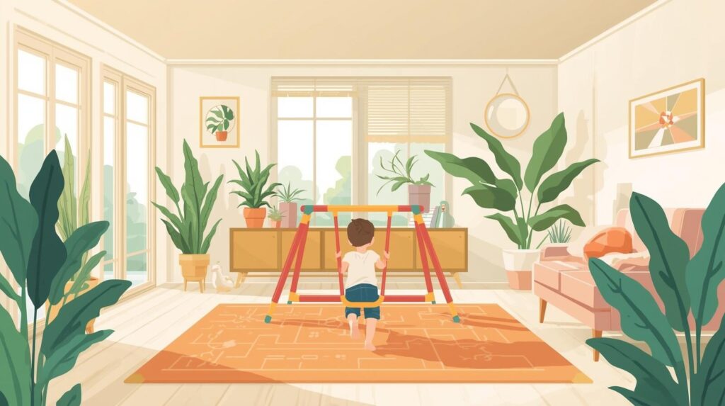 明るく片付いたリビングで、子供がレンタルしたおしゃれなブランコで遊んでいるイラスト。
