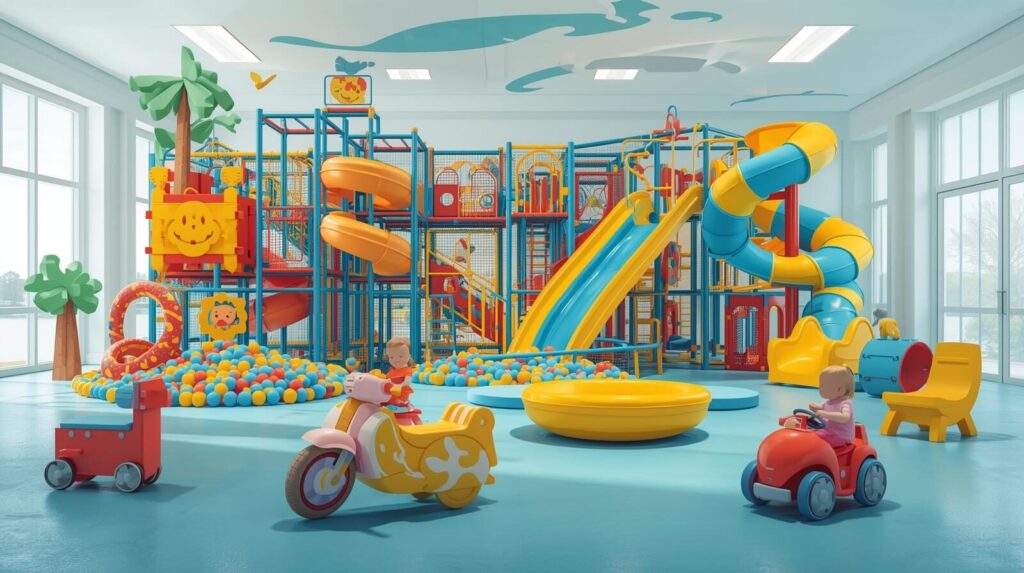 サークルトイズでレンタルできる、ジャングルジムやすべり台などの様々な室内大型遊具を紹介するイラスト。
