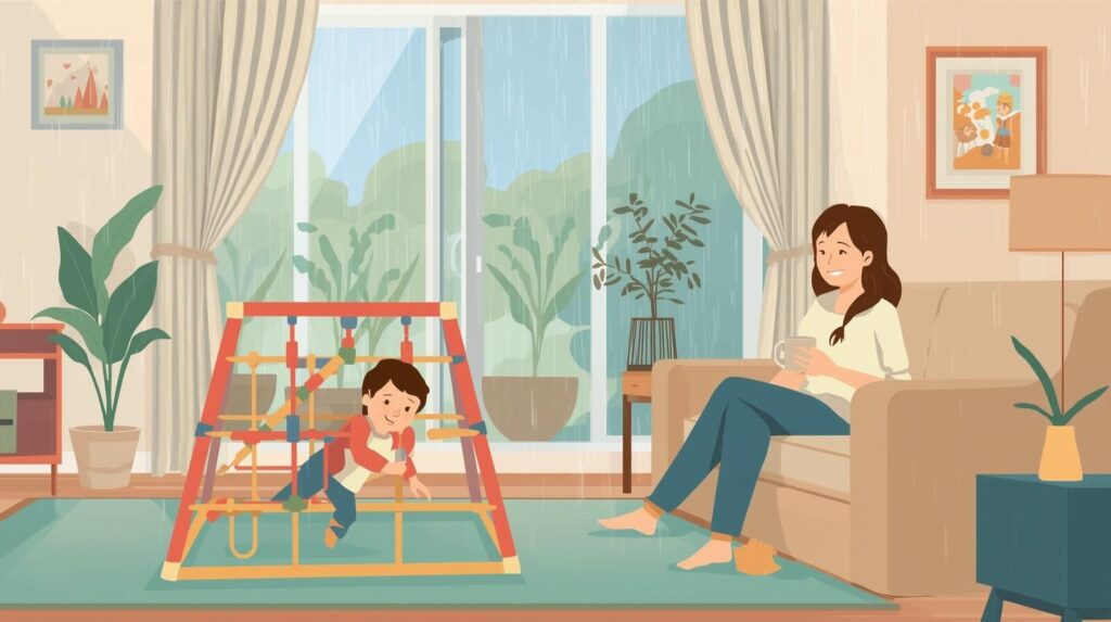 雨の日でも、サークルトイズの室内用ジャングルジムで子供が元気に遊び、親が安心して見守っている様子を描いたイラスト。
