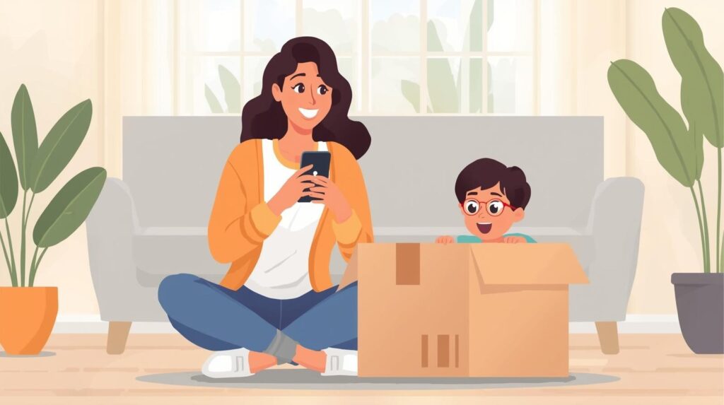 サークルトイズに申し込み、届いたおもちゃの箱を前に親子がワクワクしている様子のイラスト。
