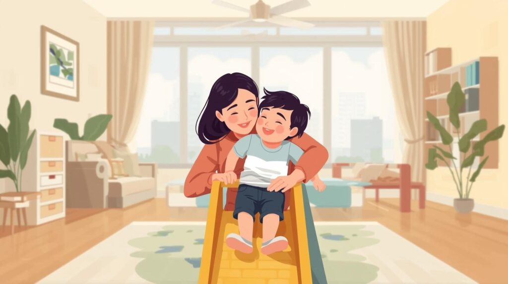 サークルトイズの室内遊具を使い、親子がリビングで笑顔で一緒に遊んでいる、理想の家族時間を描いたイラスト。
