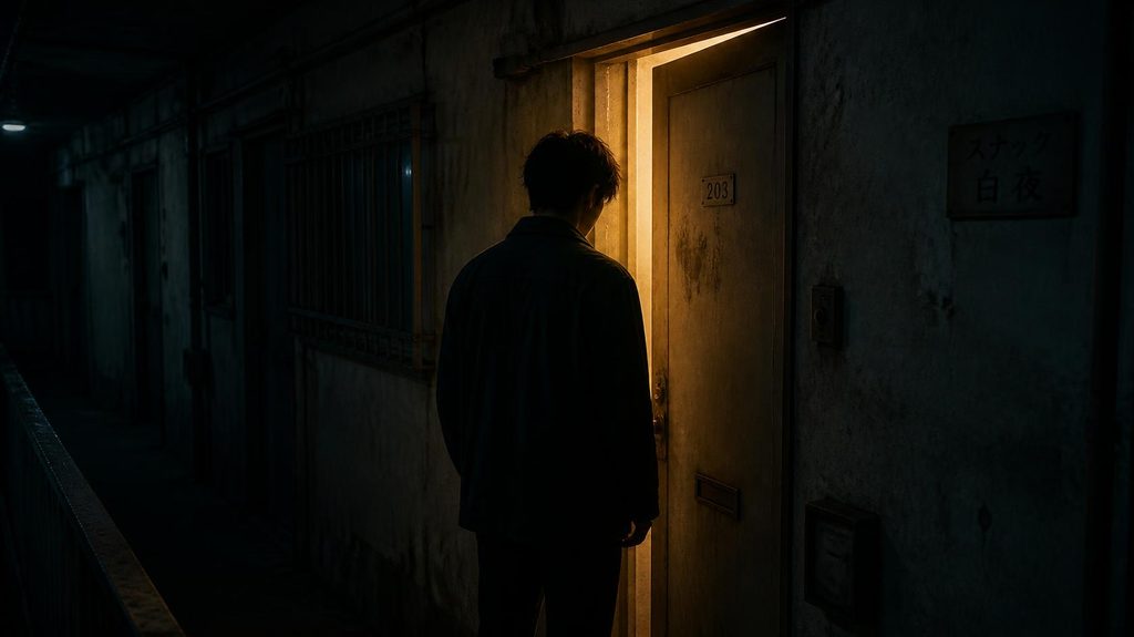 古びたアパートのドアの前に立つ男性の後ろ姿。ドアの隙間から漏れる温かい部屋の明かりと、薄暗い廊下の影が強いコントラストを描く、孤独と救いを感じさせるシーン。