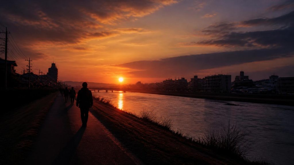 夕暮れ時の川沿いの堤防を歩く人々のシルエット。遠くの空に夕日が沈み、長く伸びる影と、どこか物悲しくも静謐な街並みが広がる、人生の割り切れなさを象徴する風景。